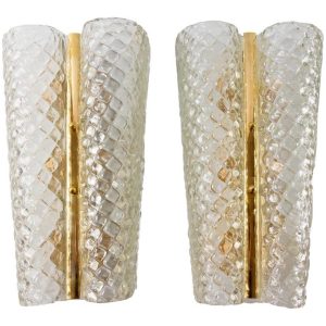 Pair of Murano Double Barrel Glass & Brass Sconces