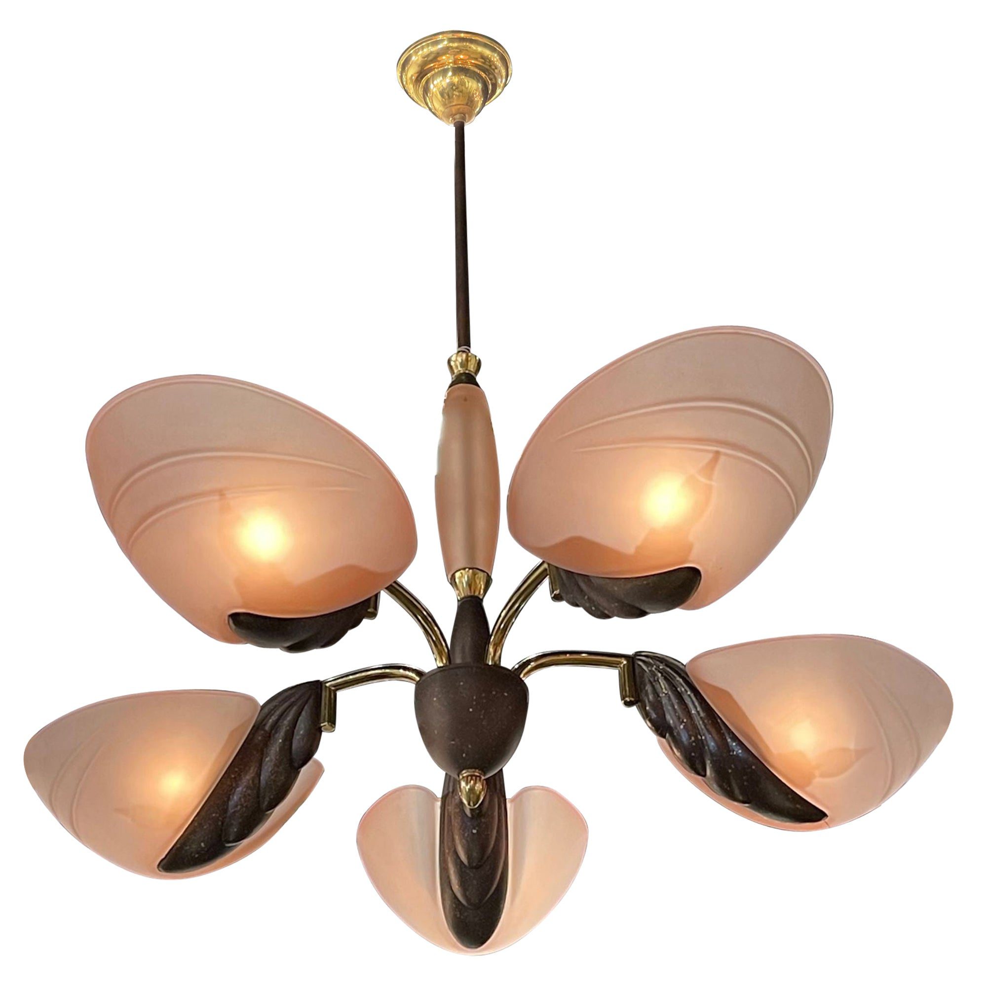 Blush Colored Murano Glass and Antique Bronze 5 Light Chandelier