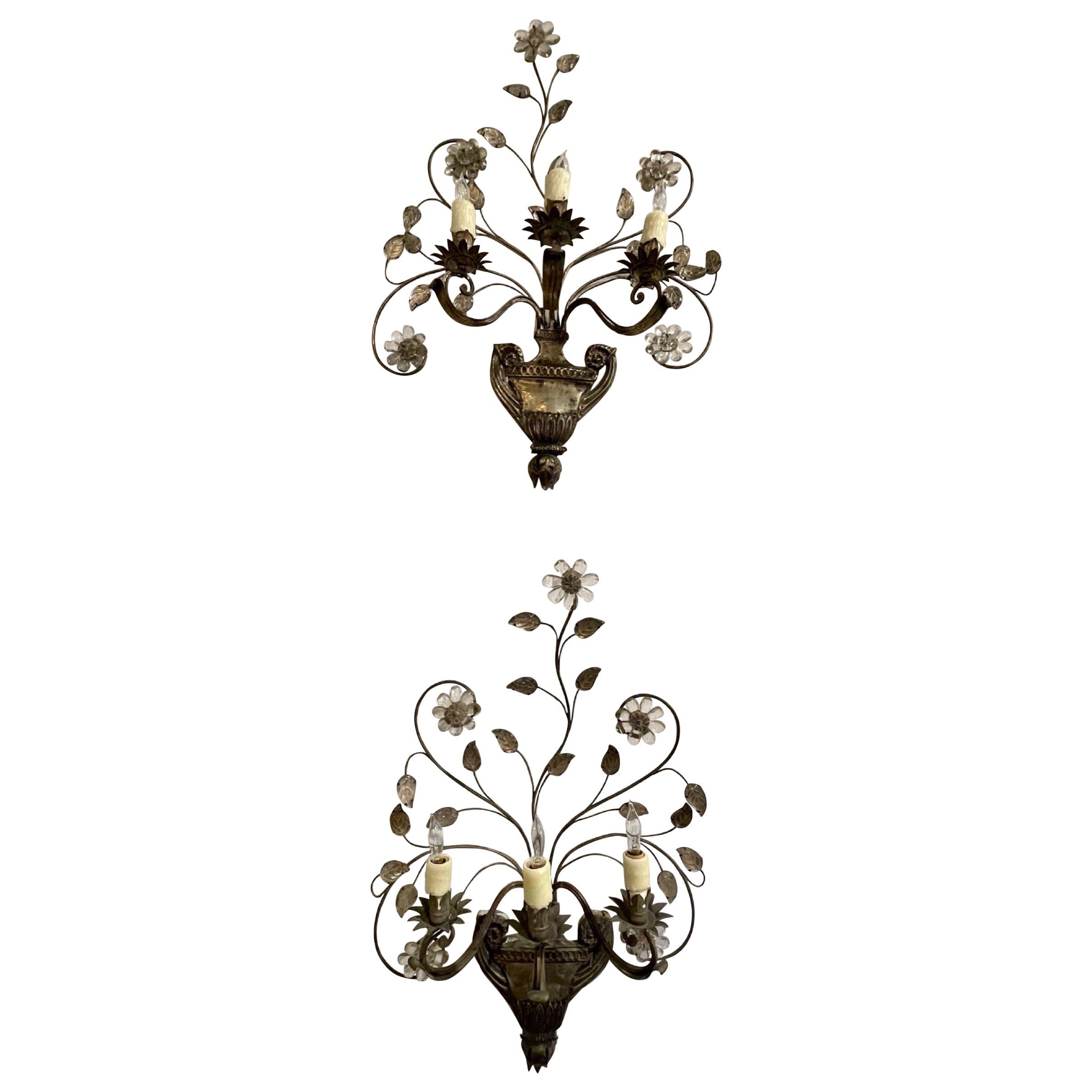 Pair of Vintage Maison Bagues Tole and Crystal Sconces